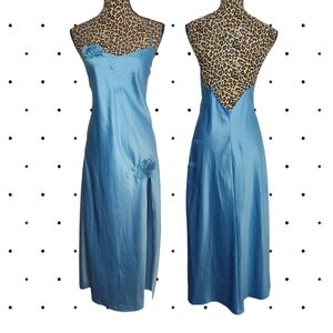 SILK AND SATIN Blue Satin Nightgown with Rose Details